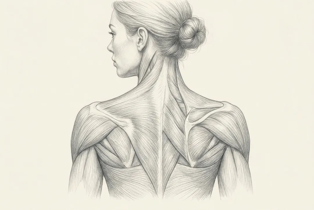 Disegno anatomico del trapezio e dei muscoli delle spalle